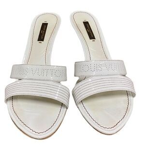 Louis Vuitton White Patent Leather Perforated Logo Detail Open Toe Slides